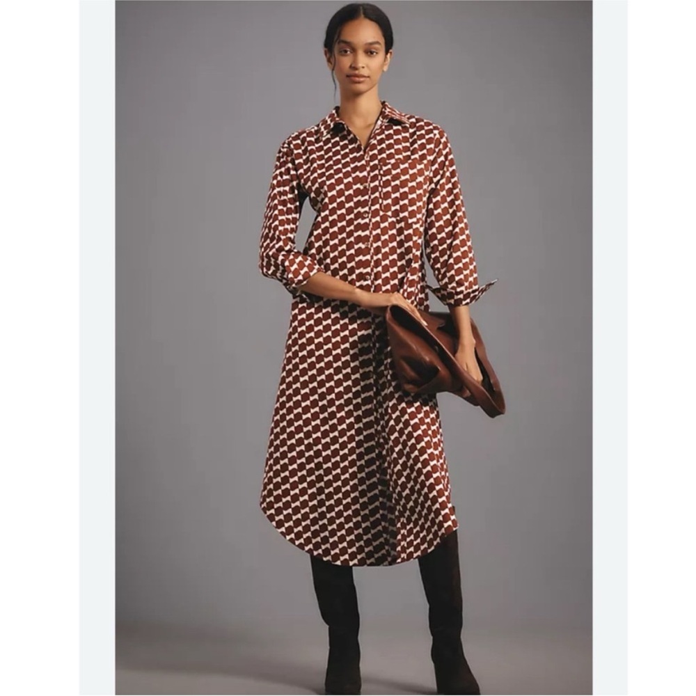 Anthropologie The Soren Long-Sleeve Shirt Dress Maeve size L Petite Orange Motif - Picture 4 of 9